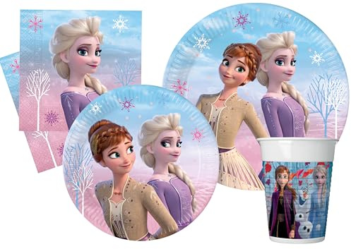 Kit Party Tavola Disney Frozen II Wind Spirit per 24 persone (112 pezzi: 24 piatti Ø23cm, 24 piatti Ø20cm, 24 bicchieri 200ml, 40 tovaglioli 33x33cm)
