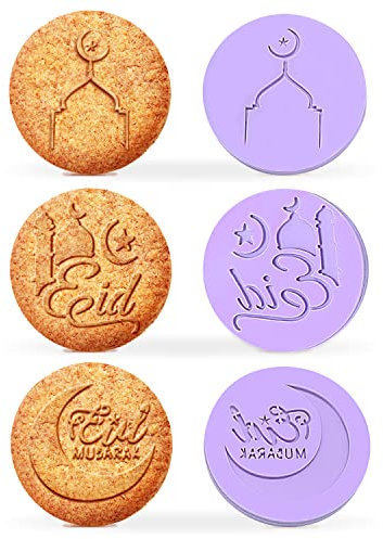 SSKHE 3 PCS Purple Round Eid Cookie Stamping Stamp Mubarak Cookie Acrylic Baking Mould Eid Festival Party Celebration Baking Decoration Tool