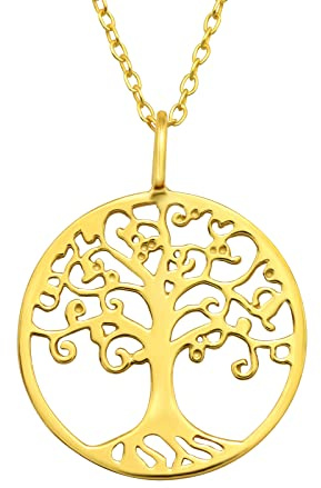 Laimons Collana da donna con ciondolo a forma di albero della vita, 19 mm, placcato oro, disco con catena, 45 cm, in argento sterling 925, Oro