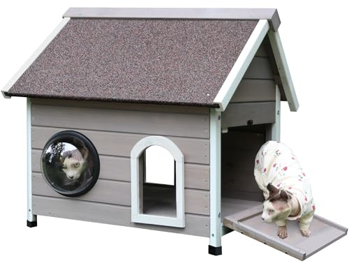 HiCaptain Casa per gatti all'aperto resistente alle intemperie per gatti, casa per animali domestici in legno con forma unica, finestra a cupola, porta di fuga e soffitta rimovibile grigio