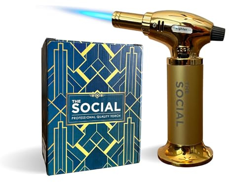 THE SOCIAL Professional Quality Torch - refillable culinary butane torch with safety lock and adjustable flame, great for smoking cocktails, lighting cigars, caramelizing crème brulé and so much more