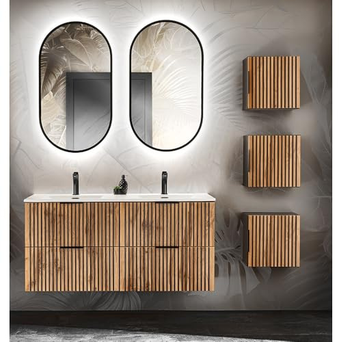 Lomadox Badezimmer Badmöbel Set Doppelwaschtisch 120 cm, LED Spiegel, 3X Hängeschrank in anthrazit mit Eiche Nb. schwarz gerillt