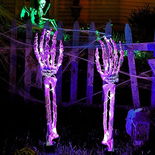 Ninonly Halloween Deko: 2 Stück 48 LED Skelettarme mit Lichterkette Lila, Wasserdicht - Realistische Skelett Dekoration für Garten, Hof und Party