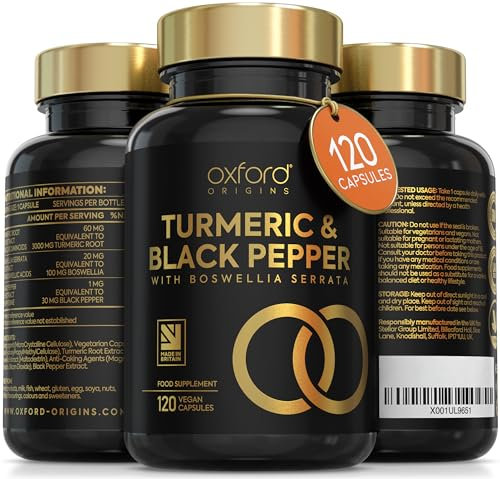 Advanced Turmeric Capsules High Strength 3000mg, Boswellia & Black Pepper | ONE per Day | Turmeric and Black Pepper Capsules Locally Made in UK, Tumeric Joint Care Supplements, 120 Caps