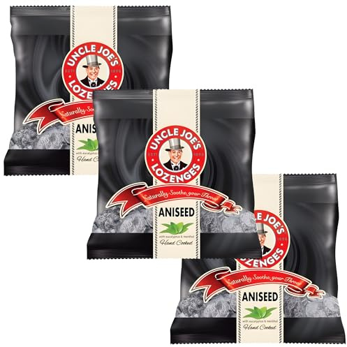 Uncle Joe’s Aniseed Lozenges 70g/2.47oz Bag (Pack of 3) | English Eucalyptus & Anise Throat Lozenges | Menthol Cough Drops | Traditional British Hard Candy | Natural Flavors & Colors, Soothing Relief