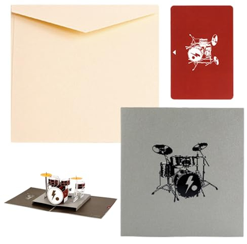 3D Schlagzeug Pop up Karte mit Umschlag und kleinen Karte, Geburtstagskarte und Konzerteinladungskarte für Drummer Musiker Musikliebhaber(Grau)