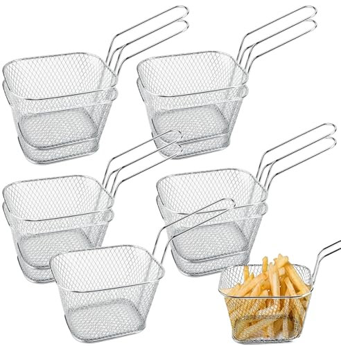 MOUYAT 10 Pcs Stainless Steel Chip Baskets for Serving, Small Food Frying Baskets with Handle, Mini Chip Pan Basket Food Presentation Baskets for Chips, Onion Rings, Fried Chicken, Fish, Vegetable