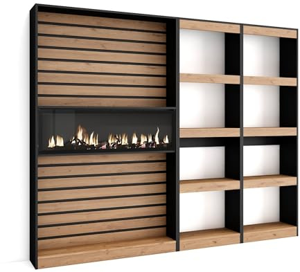 Skraut Home | Bücherregal Bibliothek | Bookshelf, Bookcase | 230x186x25cm | Wohnzimmer, Esszimmer, Büro | Elektrokamin | Moderner Stil | Eiche Schwarz
