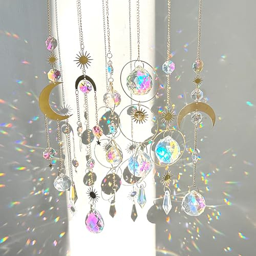 Sparkling Gold Crystal Suncatchers Hanging Sun Catcher with Chain Pendant 6pcs for Indoor Window Home Garden Decoration