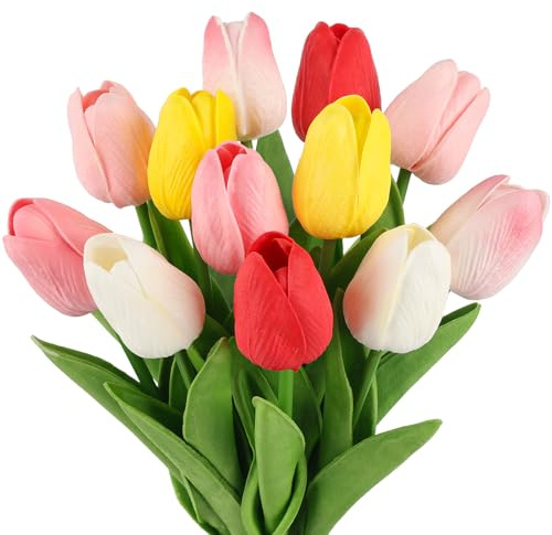N&T NIETING Künstliche Tulpens Blumen, 12 Stück Realistischem Touch Tulpen Gefälschte Blumen Tulpen Gemischte Farbe für Hochzeitszimmer Party Hochzeitsdekoration Valentinstag Muttertag Ostern Deko