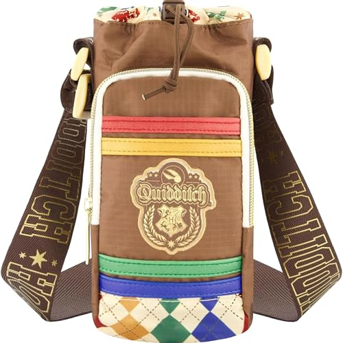 Harry Potter Water Bottle Holder Crossbody Bag, Hogwarts Quidditch Sling Carrier, Adjustable Strap, Fits 25 oz Bottles, Multi