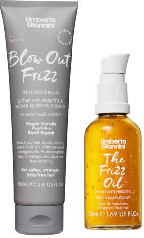 Umberto Giannini Blow Out Frizz Hair Styling Cream 150ml with Heat Protection 230°C & The Frizz Oil 50ml - Shine Enhancing Vegan Keratin Bond Repair Hair Oil With Metal Detox Technology