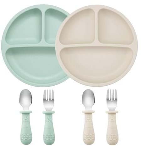 PandaEar Set de Vaisselle pour Bébé | 2 Assiettes Divisées avec Ventouse en Silicone, 2 Sets de Cuillères et Fourchettes pour Bébé | Ustensiles d’Auto-Alimentation pour Diversification Alimentaire