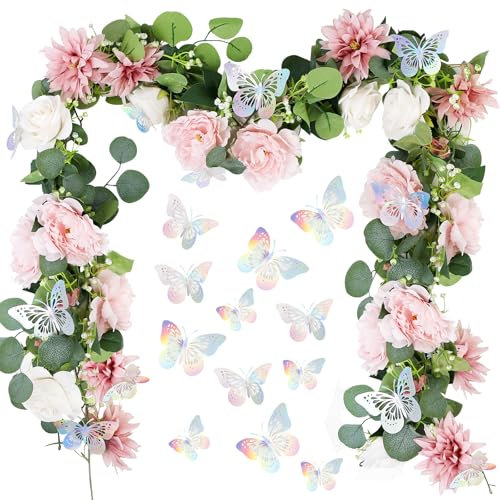 LACGO Eucalyptus Garland with Flowers,2pcs Artificial Flower Decorations with 3D Butterfly,12FT Fake Rose,Hanging Floral Garland for Wedding Garden Party Home Decoration-Pink