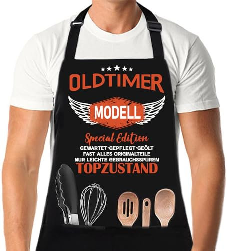 XCSJKJ Grillschrze für Männer mit Spruch OLDTIMER MODELL, Mann Geburtstag Geschenkideen Grillschürze für Männer Lustig Grillen Barbecue BBQ Küchenschürze Geschenk. (Klassisch – 2 Taschen)