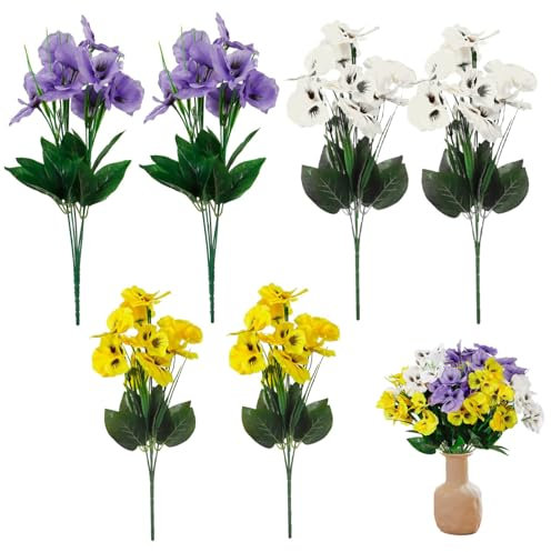Artificial Pansies 6 Bundles - 14in Realistic Faux Flowers With 10 Blooms for Garden, Wedding, Porch Centerpieces - Mixed Color Plastic Art Decor for Outdoors