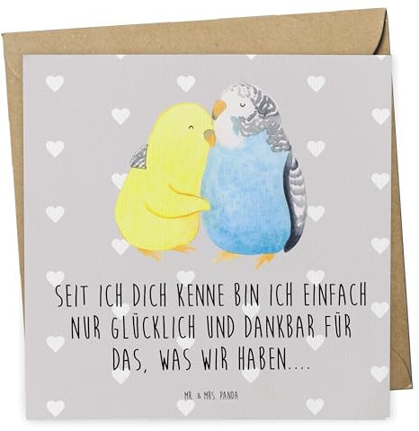 Mr. & Mrs. Panda Deluxe Karte Wellensittich Liebe - Geschenk, Heiraten, Verlobung, Nähe, Vögel, Hochwertige Gruß, Glückwunsch, glücklich, Kuscheln, Hochzeits, Ehemann, Einladungs, Hocheitstag, Klapp