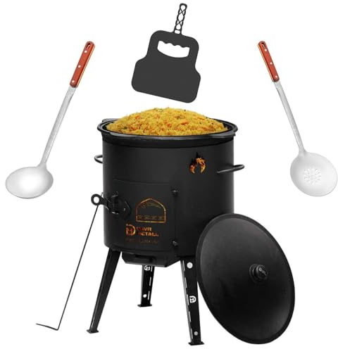 Ø49cm Uchag 2mm stahl Utschak Feuerstelle Utschag Campingofen 22L Kazan Kasan (flacher Boden) Feldküche Außenküche Eintopfofen mit Schaumkelle Suppenkelle Grillfächer