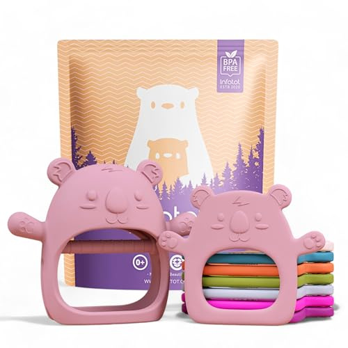 Infatot® Teething Toys for Baby Gifts – 2-Pack Koda Koala Teether Mitten Glove, Soothing Hand Teethers for Infants, Baby Toys 0-6 Months and Up, Newborn Essentials for Teething Relief, Plum.