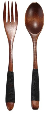 2 piezas de suministros de cocina de madera, kit de cena de arroz, sopas, vajilla, tenedor, cuchara, 6