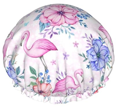 Wiederverwendbare Duschhaube für Damen, Blumen-/Blumen-/Tier-/Flamingo-Badehaube, doppellagig, wasserdicht, Dusch-Haarschutz, verstellbares Gummiband, Duschhut für die Badehaube zu Hause, Spa-Salon