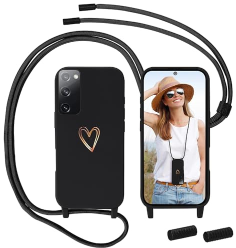 Handyband für Samsung Galaxy S20 FE Hülle mit Band, MoEvn Necklace Handyhülle mit Kordel für zum Umhängen Herz Muster Silikon Case Stoßfeste Schutzhülle mit Abnehmbar Kette für S20 FE 4G/5G, Schwarz