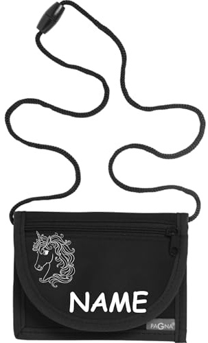 Kiwistar - Brustbeutel schwarz - Einhorn1-13 x 10 cm Geldbeutel zum umhängen - Geldbörse für Jungen & Mädchen mit Namen individuell personalisiert