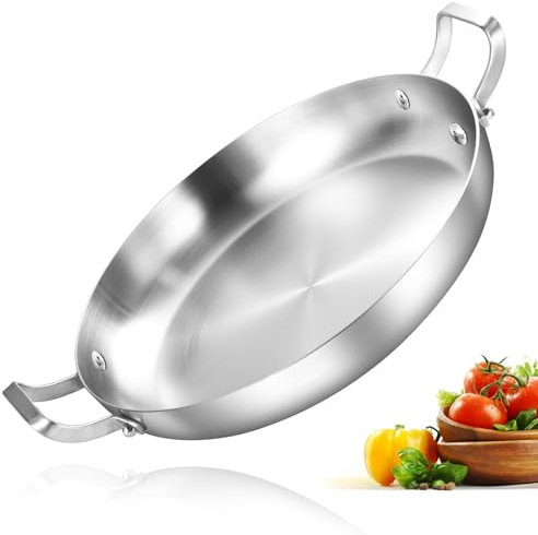 Inqibee 10-Inch Tri-Ply Stainless Steel Paella Pan, Omelet Pan, Large Skillet, Griddle, Stir-Fry, Jumbo Cooker, Induction Cooking, Dishwasher & Oven Safe