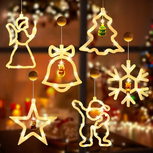IWTBNOA Lot de 6 rideaux lumineux à LED - Avec ventouses - Éclairage de Noël - Ventouse - Décoration de Noël - Éclairage de fenêtre intérieur et extérieur