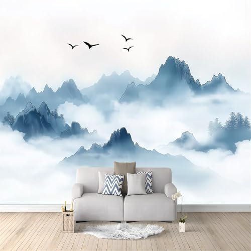 Decorazione murale da parete con carta da parati Paesaggio Naturale Orientale Design, carta da parati impermeabile in tessuto non tessuto Azzurro Chiaro per soggiorno camera da letto 400 x 280 cm