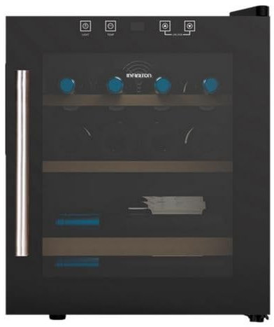 INFINITON Vinoteca WFL-15C, 15 Botellas, Luz LED en el interior, Sistema de enfriamiento No frost, Acabado exterior Crystal BLACK, Tirador exterior de acero inoxidable, G