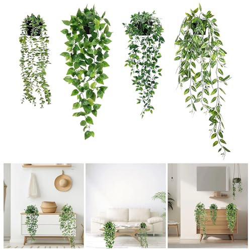 KNGNGK 4 Pcs Artificial Hanging Plants Greenery Faux Fake Plants Decor Fake Potted Leaves Plants Artificial Vine Leaves Trailing Plants with 4 Pots for Home Decor Garden Wall Shelf Indoor Outdoor