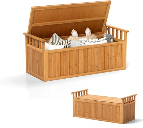 GIANTEX 2-Sitzer Gartenbank, Auflagen mit 207L Stauraum, wetterfeste Sitzbank mit Armlehnen, 128cm Bank Outdoor für Garten, Hinterhof & Balkon (Braun)