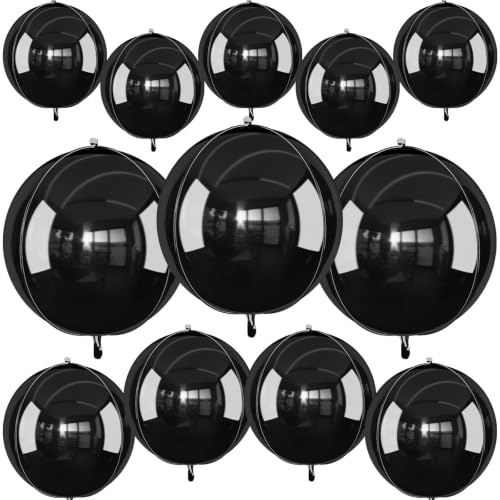 12 schwarze runde Folienballons, 55,9 cm, 38,1 cm, 25,4 cm, metallisch-schwarz, 4D-Ballons für Geburtstag, Abschlussfeier, Weihnachten, Silvester, Halloween, Party-Hintergrunddekorationen