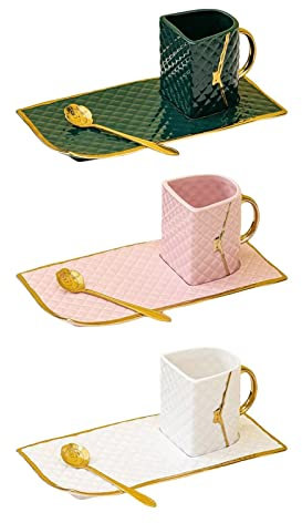 ETZRYSYB Juego de platos llanos, tazas de café pintadas en oro y platillo, bolsa para modelar para oficina, Navidad (blanco)