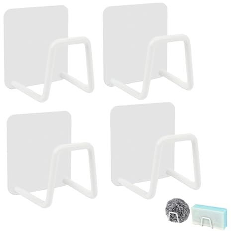 Firavggu Soporte Esponja Cocina 4 PZS Acero Inoxidable 304 Autoadhesivo Blanco Soporte para Estropajos y Tapones de Fregadero Organizador de Cocina y Baño