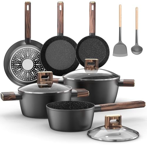 Topbooc 11-teiliges Topfset - Antihaft-Kochgeschirr Töpfe Set aus Aluminium für Induktion, Pfanne 20/28cm, Tiefe Bratpfanne 24cm, Kochtopf mit Deckel 16/20/24cm, Pfannenset PFOA-, PFOS-frei