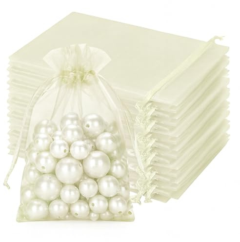 jijAcraft Creme Organzasäckchen 10x15cm: Geschenksäckchen mit Zugban Transparent Schmucksäckchen 100 Stück Organza Beutel Hochzeit zum Befüllen Geschenk Bonbon