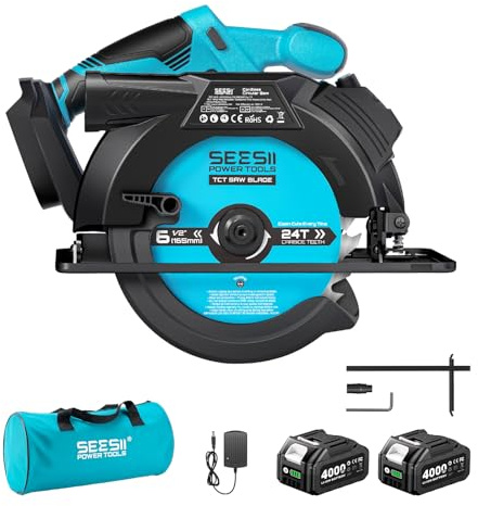 SEESII Scie Circulaire Sans Fil 165mm avec Batterie et Chargeur, Scie Électrique 5200 RPM avec Laser et Guide de Coupe pour Coupe Précise du Bois, Profondeur Max 90°, 45° pour Rénovation Domestique