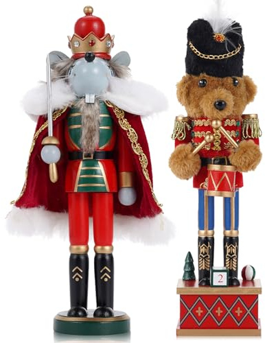VorFor 2PCS Casse Noisette Noel Puppe,28cm Figurine, Nutcracker Christmas,Casse Noisette en Bois(Tambour Soldat Ourson + Escrime Rat Roi),Décoration De Noël à l'intérieur,Un Excellent Cadeau De