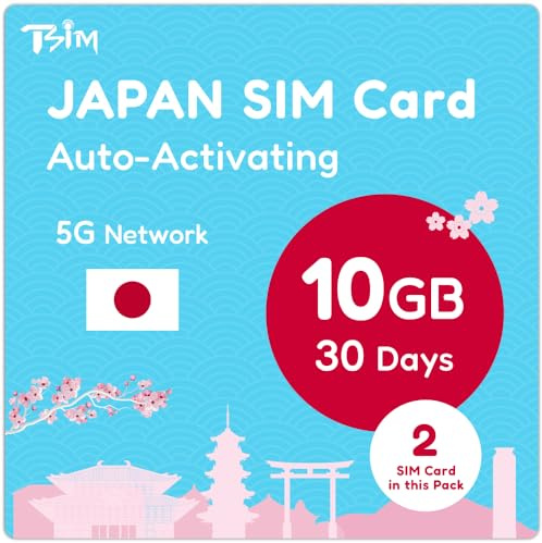 Japan SIM-Karte 30 Tage 10GB – 2 Stück | Automatische Aktivierung | 5G-Netzwerk mit Tethering/Hotspot/Internetfreigabe | Nur Daten, Keine Sprache