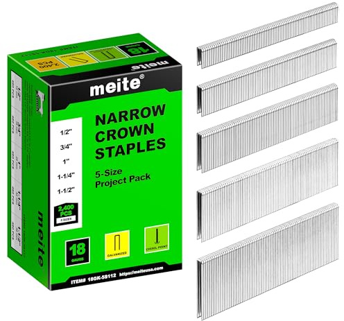 meite Grapas Galvanizadas 18GA 5,7 mm, 16–38 mm, 5 Tamaños, 2.400 Unidades | Cinco Tamaños para Distintos Proyectos, Para Grapadoras Compatibles, Muebles, Madera, Revestimientos y Carpintería