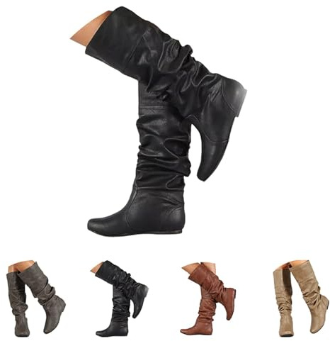Generisch Bottes western pour femme - Tige large - Bottines d'hiver plates noires - Couleur unie - Antidérapantes - Bout rond - Bottes chaudes pour l'extérieur, Noir , 41 EU