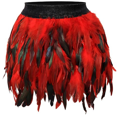 ZSUIQIN 1 Pezzi XL Piuma di Gallo Gonna, Piuma in Vita Alta Mini Gonna, Irregolare con Gonne, Halloween Decorazione Frange Decorative Fai da Te Piuma Gonna Corta Abito da Sposa(Rosso)