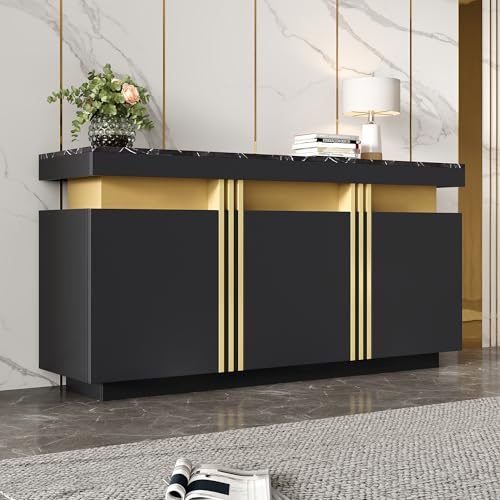 dowowdo Sideboard Kommode mit 3 Türen, TV-Schrank für Wohnzimmer, Flur Schrank mit Schubladen, Schwarz mit Gold-Akzenten, 140 cm Breit