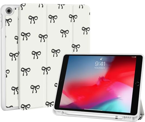 Fycyko Étui pour iPad 9ème/8ème/7ème Génération 10.2 inch(2021, 2020, 2019),Bow Coque avec Porte-Crayon et Support Trifold,Étui de Protection Cute Motif en Arc-Beige Noir
