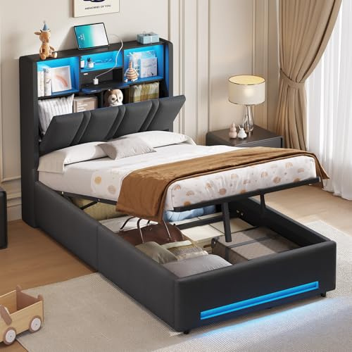 DICTAC 3ft Single Ottoman Storage Bed with RGB LED Lighting, Upholstered Bed Frame with Charging Station & Bookcase Headboard, Hydraulic Lift up Bed Frame, Grey, 90x190cm