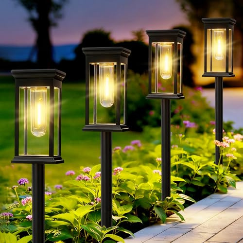 JOYCREATOR Groß Solarlampen für Außen Garten 4 Stück, 800 mAh Superhell Warmweiß Moderne Garten Solarleuchten mit IP65 Wasserdicht, LED Gartenleuchten Solar 41/56 cm mit Erdspieß für Balkon Rasen Weg