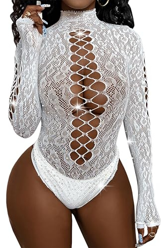 Mingnos Body sexy da donna, a maniche lunghe, in rete, trasparente, per festival, rave, bianco, Taglia unica