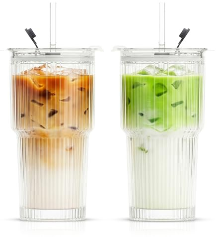 Lemontree Glasbecher mit Deckel und Strohhalm 2er Set – 600ml geriffelte Trinkgläser mit Deckel – auslaufsicherer Smoothie Becher & Matcha Glas – Trinkglas mit Strohhalm und Deckel für Iced Coffee
